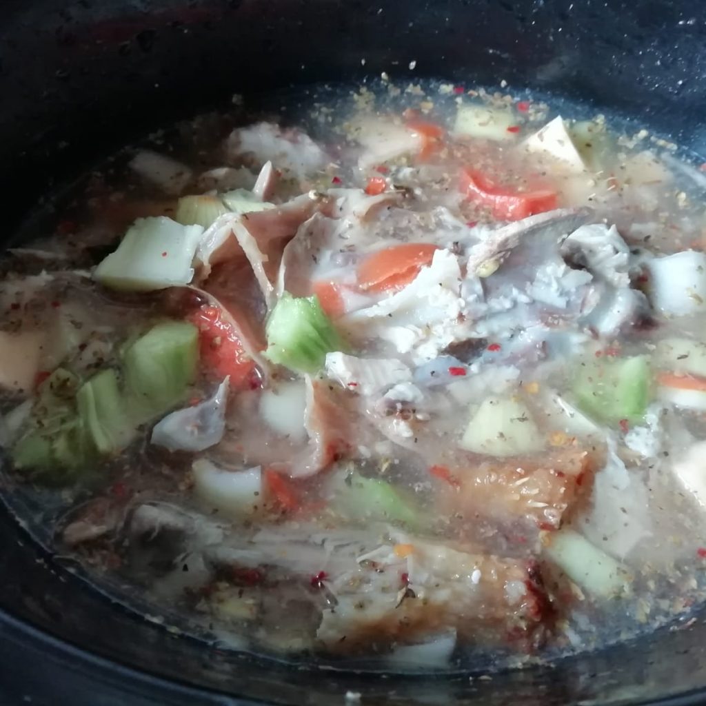 chicken carcass and veg scraps ready to make a stock